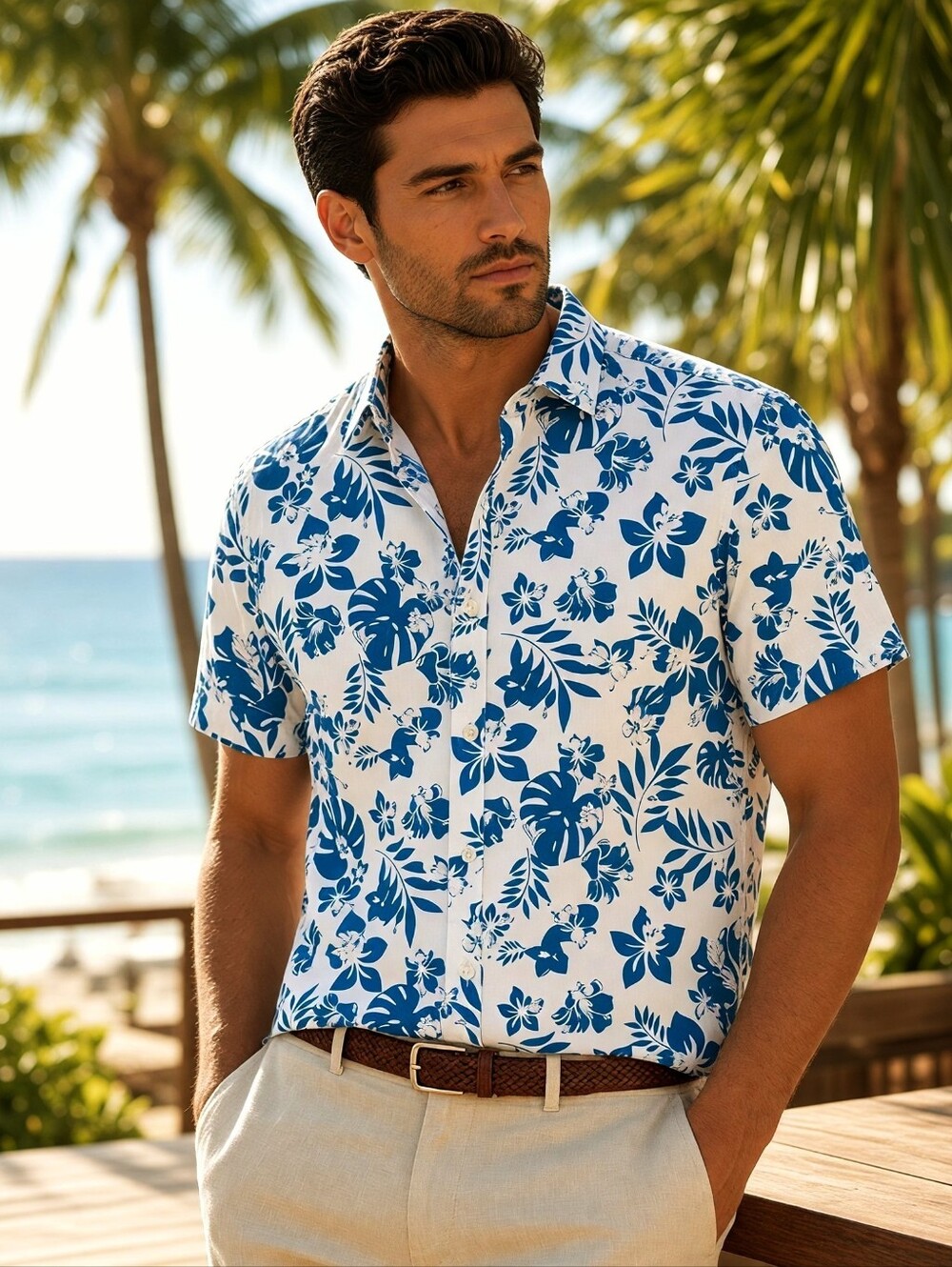 Denim & Flower Tropical Floral Button Down Cotton Shirt - Slim Fit Men's Small